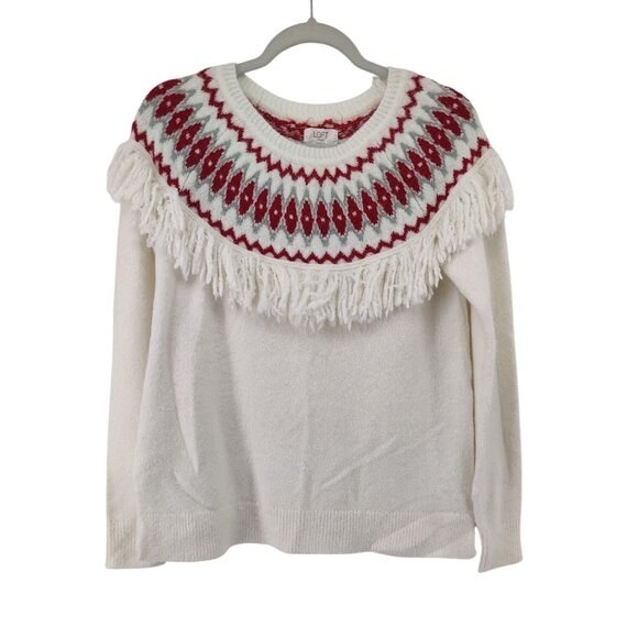 Loft Outlet Womens Pullover Sweater Fair Isle Fringe Acrylic Wool Red/ White SIz - Picture 1 of 9
